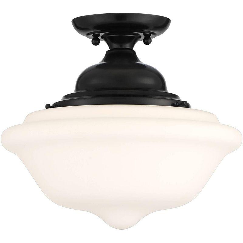 Regency Hill Vintage Rustic Farmhouse Ceiling Light Semi Flush Mount Fixture 13" Wide Gloss Black Flush White Glass Shade for Bedroom Living Room