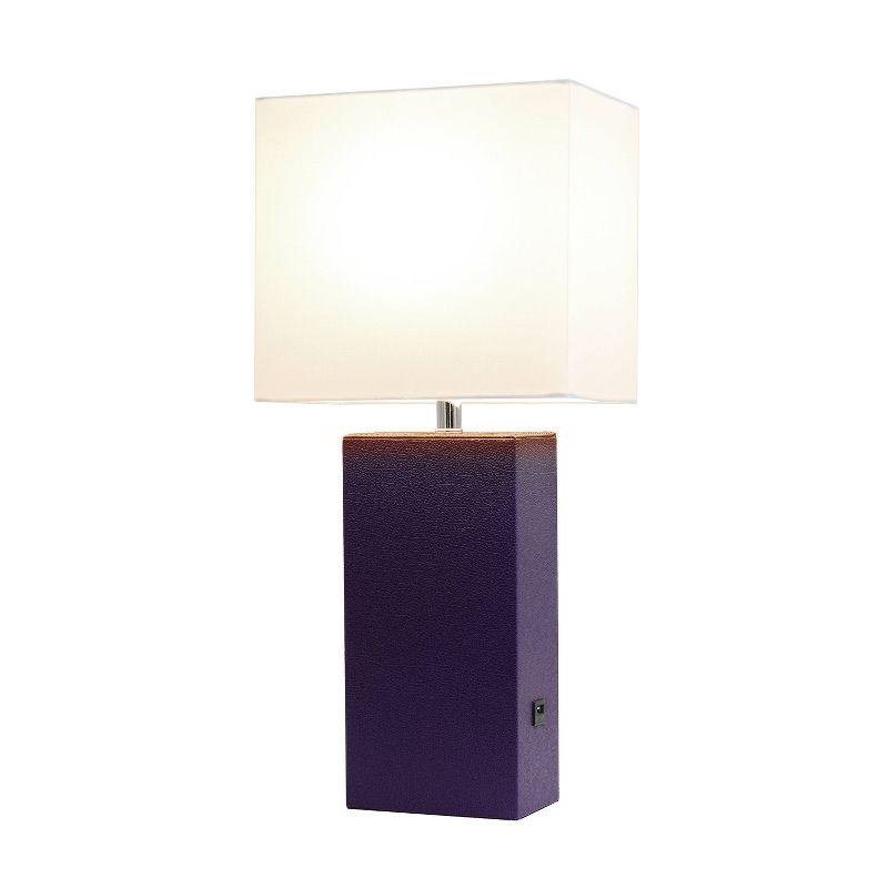 Modern Leather Table Lamp with USB and Fabric Shade Eggplant - Elegant Designs: No Assembly, UL Listed