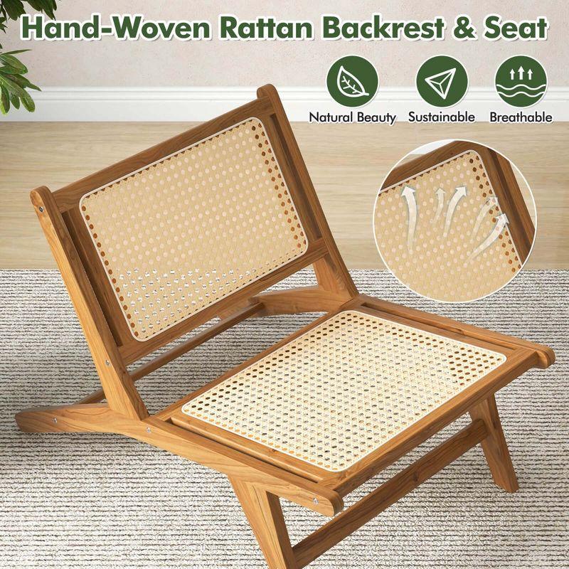 Costway 1 PCS Mid Century Modern Teak Wooden Chair with Handwoven Rattan Seat & Backrest