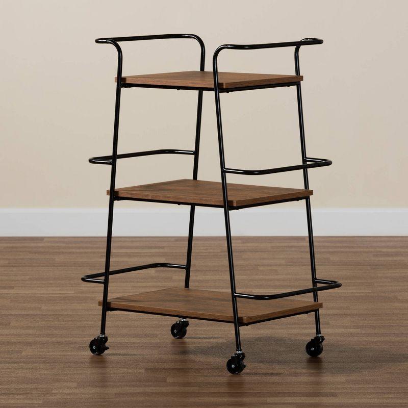 Small Bernard Rustic Industrial Metal and Wood 3 Tier Mobile Wine Bar Cart Black/Walnut - Baxton Studio