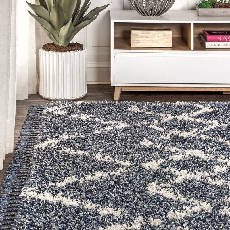 3'x5' Mercer Shag Plush Tassel Moroccan Geometric Trellis Area Rug, Denim/Cream - JONATHAN Y