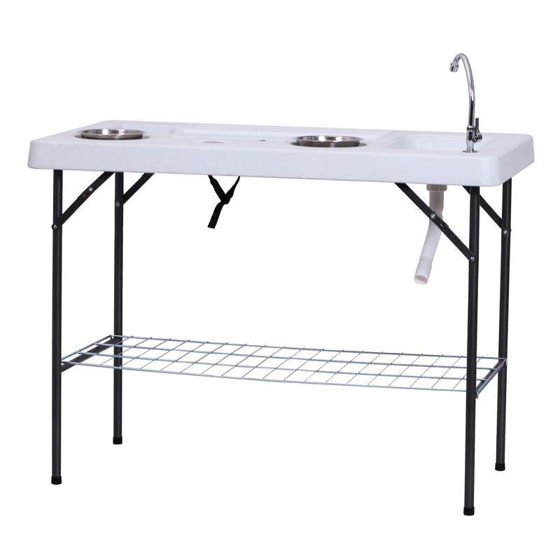 Outsunny Portable Folding Camping Table with Sink, Faucet, Dual Stainless Steel Basins, and Accessories for Fish Cleaning, 50"