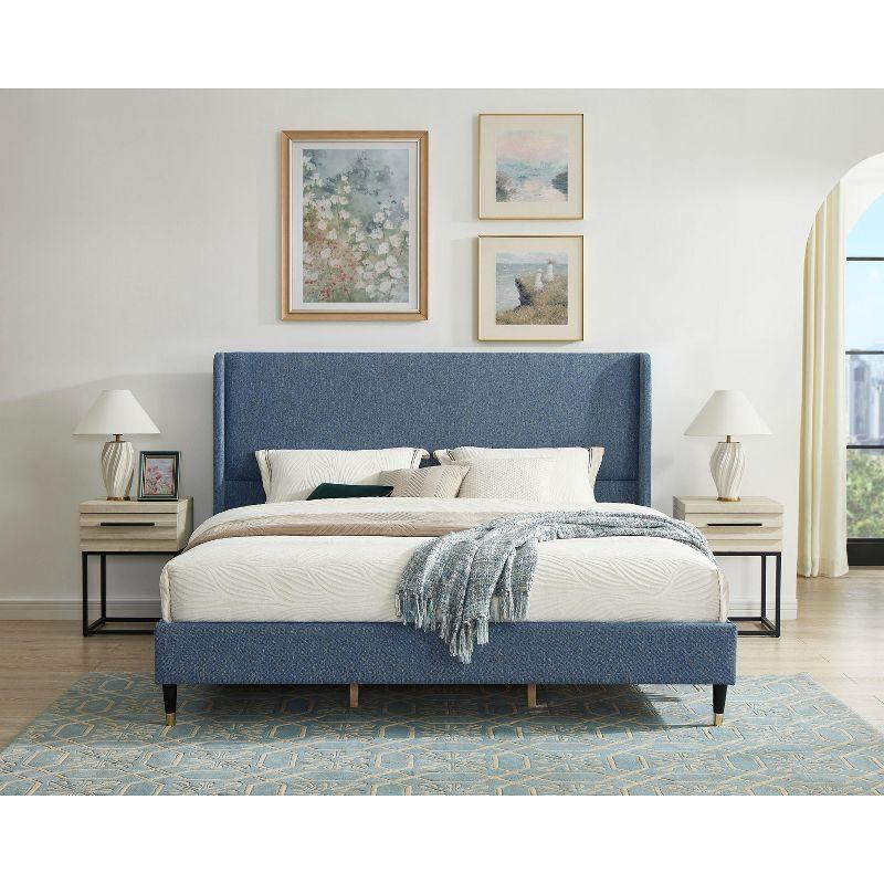 Roundhill Furniture Arles 3-Piece Upholstered Bedroom Set, Wingback Platform Bed with Two Nightstands Blue Fabric King