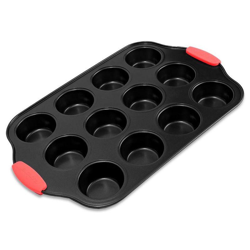 NutriChef 12-Cup Nonstick Carbon Steel Muffin Pan with Red Silicone Handles