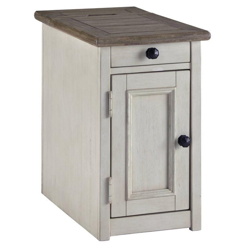 Signature Design by Ashley Bolanburg Chair Side End Table Brown/White: Vintage Style, USB Ports, Storage Cabinet