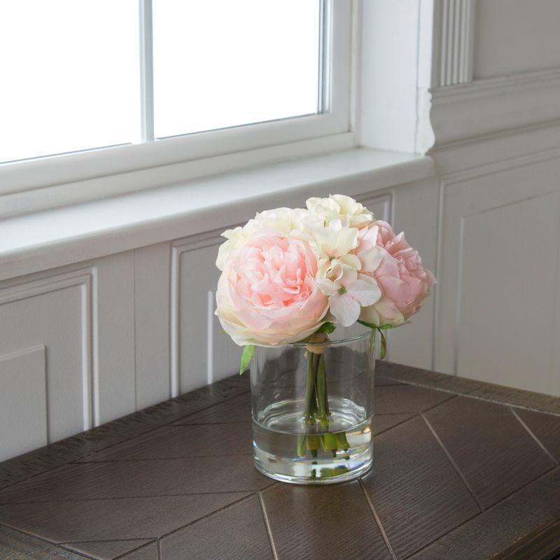 Pink and Cream Rose Hydrangea Bouquet in Clear Glass Vase