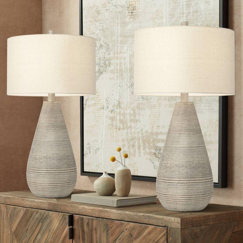 360 Lighting Rustic Country Cottage Table Lamps 30" Tall Set of 2 Natural Gray Teardrop Off White Oatmeal Drum Shade for Bedroom Living Room House