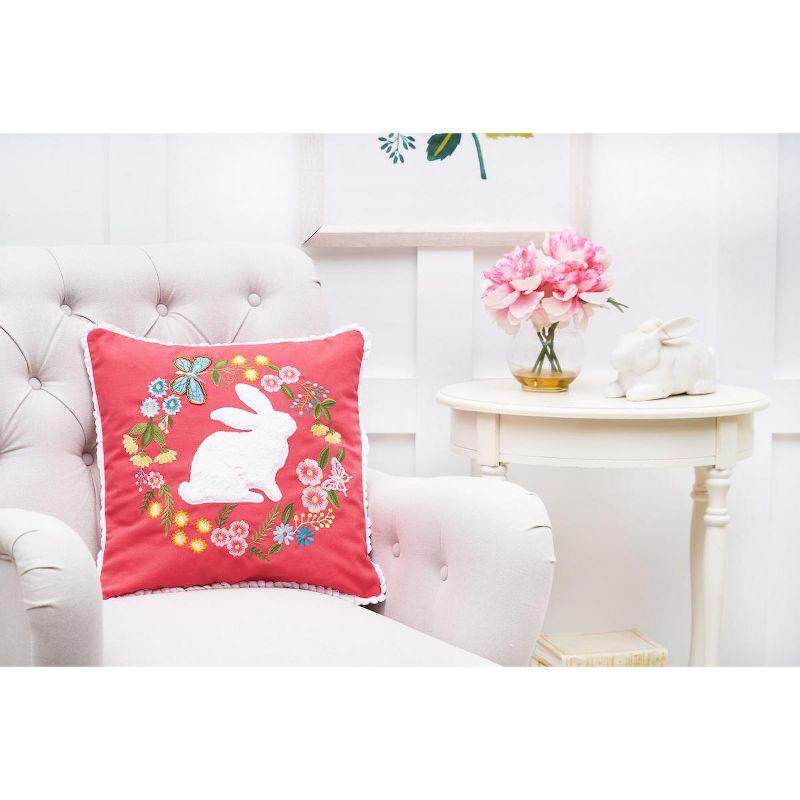 Spring Bunny Applique and Embroidered Wreath Decorative Throw Pillow