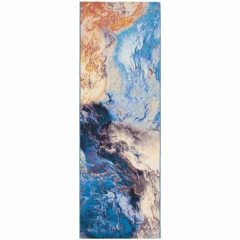 Blue and Rust Abstract Washable Synthetic Runner Rug