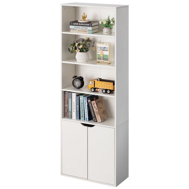 Basicwise 71" 4 Tier Open Book Shelf and Bookcases with 2 Doors Storage Cabinet & 1 Adjustable Shelf - Ideal for Home Office, Living Room, Classroom