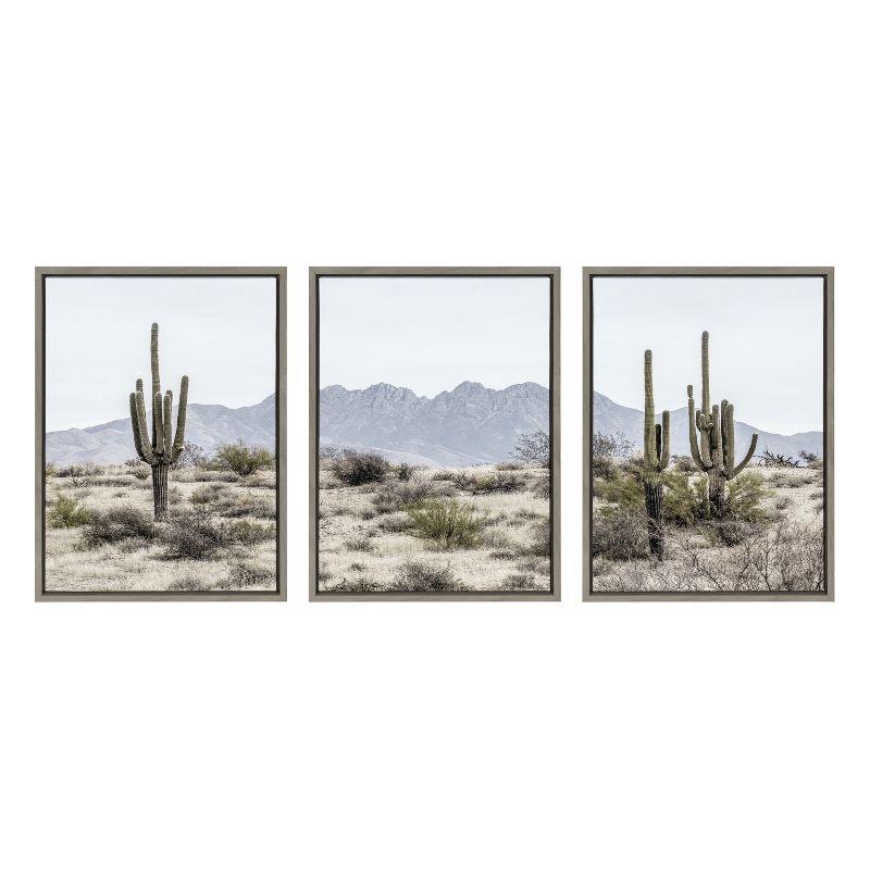 Kate and Laurel Sylvie Tall Saguaro Cacti Desert Mountain Left, Middle and Right Framed Canvas by The Creative Bunch Studio, 3 Piece 18x24, Gray