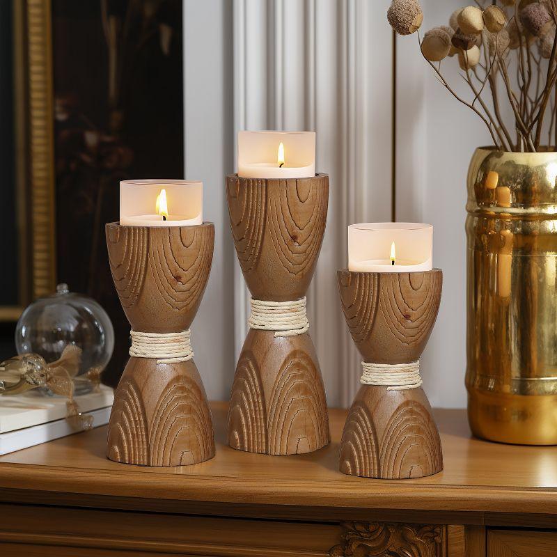 LuxenHome 3-Piece Pine Wood with Rattan Pillar Candle Holder Set Brown