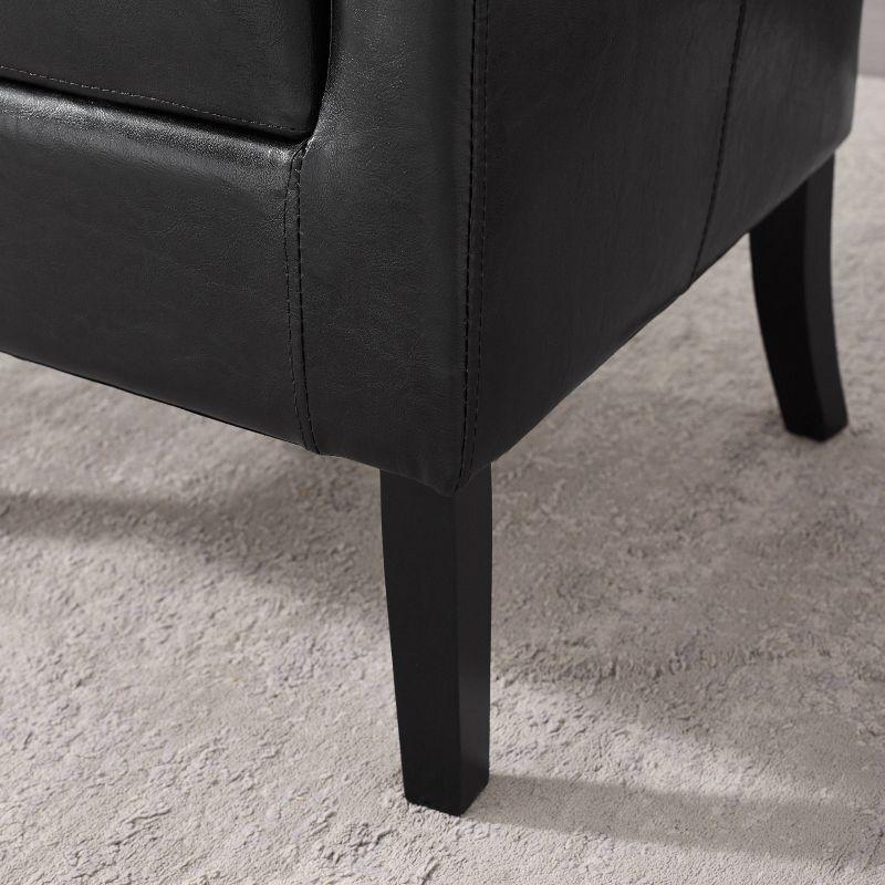 Modern Barrel Black Faux Leather Accent Chair with Wood Frame