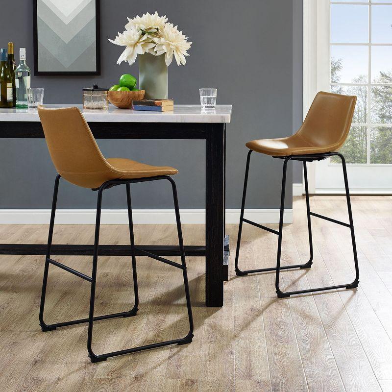 Whiskey Brown Faux Leather and Metal Barstools, Set of 2