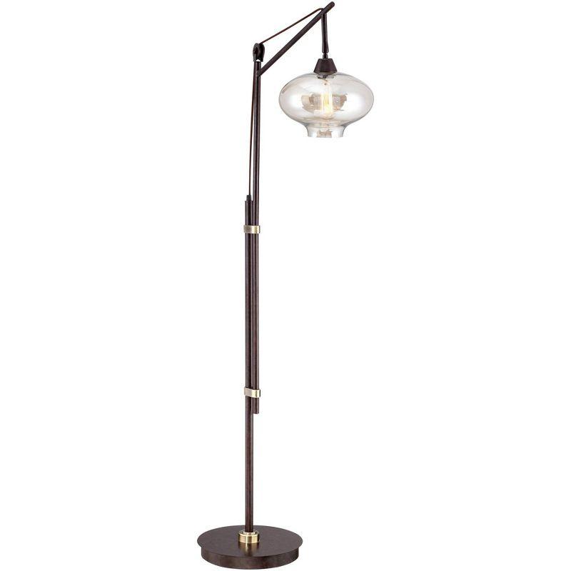 Franklin Iron Works Calyx Industrial Downbridge Floor Lamp 66" Tall Bronze Dimmable LED Cognac Tinted Glass for Living Room Reading Bedroom House Home