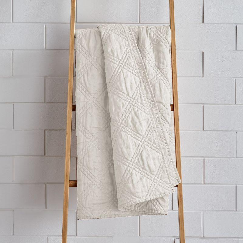 Cream Linen Front Cotton Back Quilted Throw Blanket