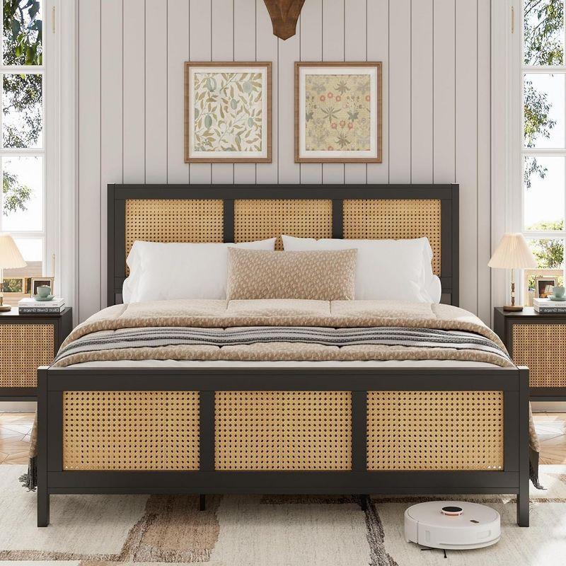 Garvee Rattan Bed Frame with Headboard, Full Bed Frame with Strong Metal Slats Support, Noise-Free Design, No Box Spring Needed, Black