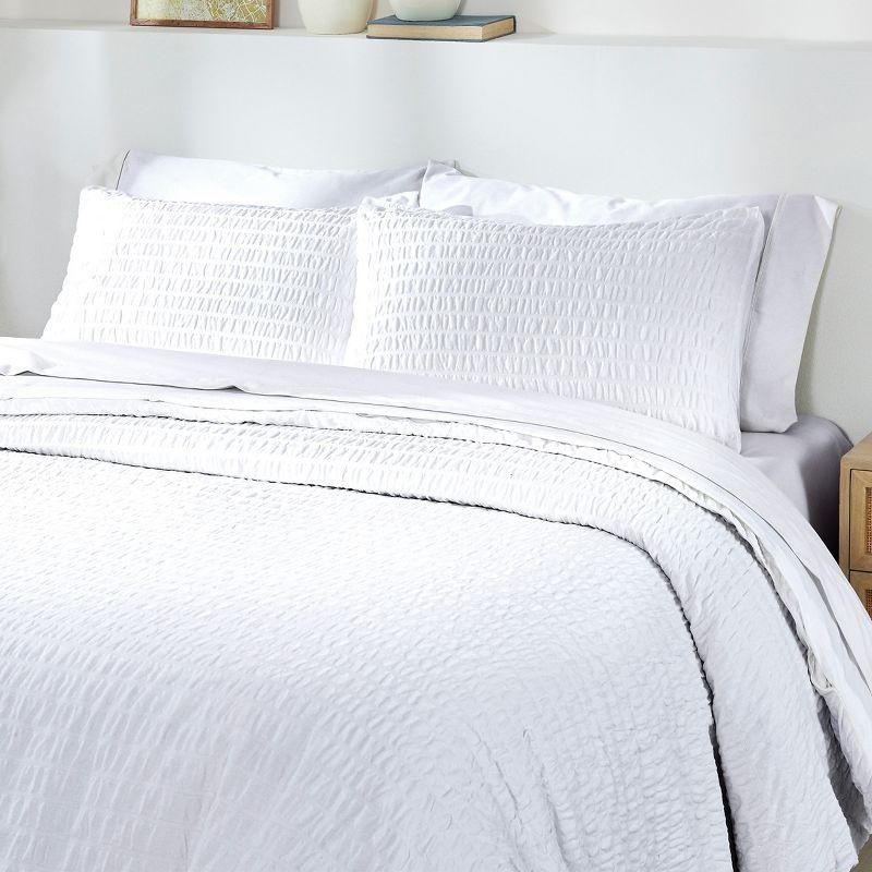 Oversized King White Cotton Seersucker Duvet Cover Set