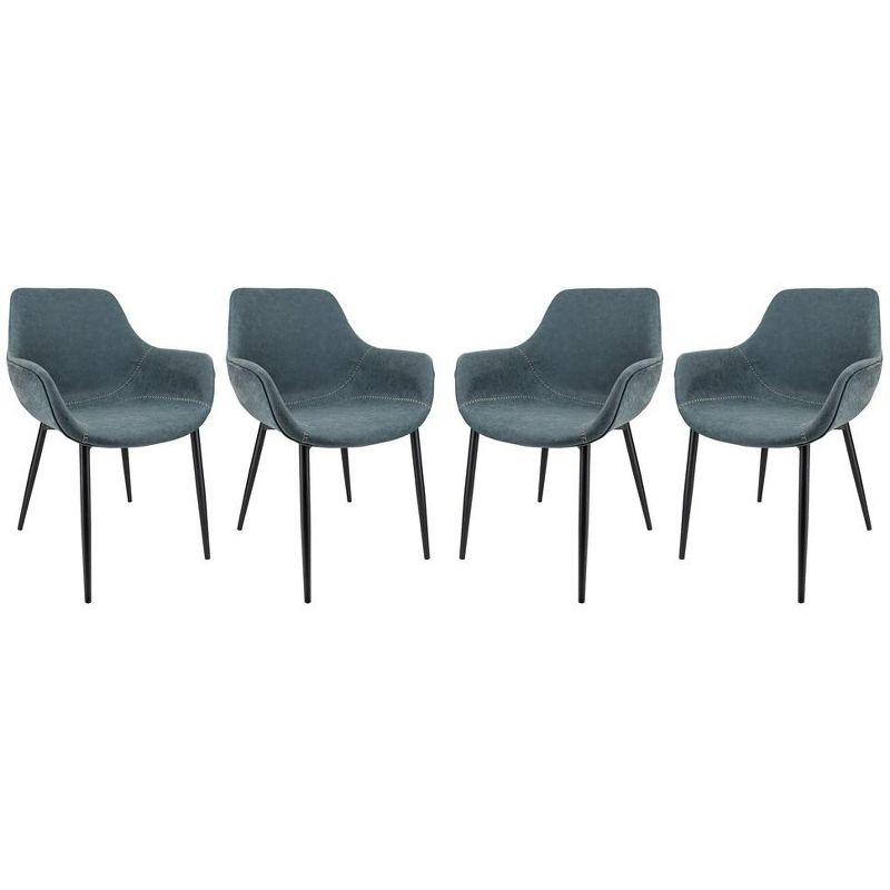 LeisureMod Markley Leather Dining Arm Chair With Metal Legs Set of 4 in Peacock Blue