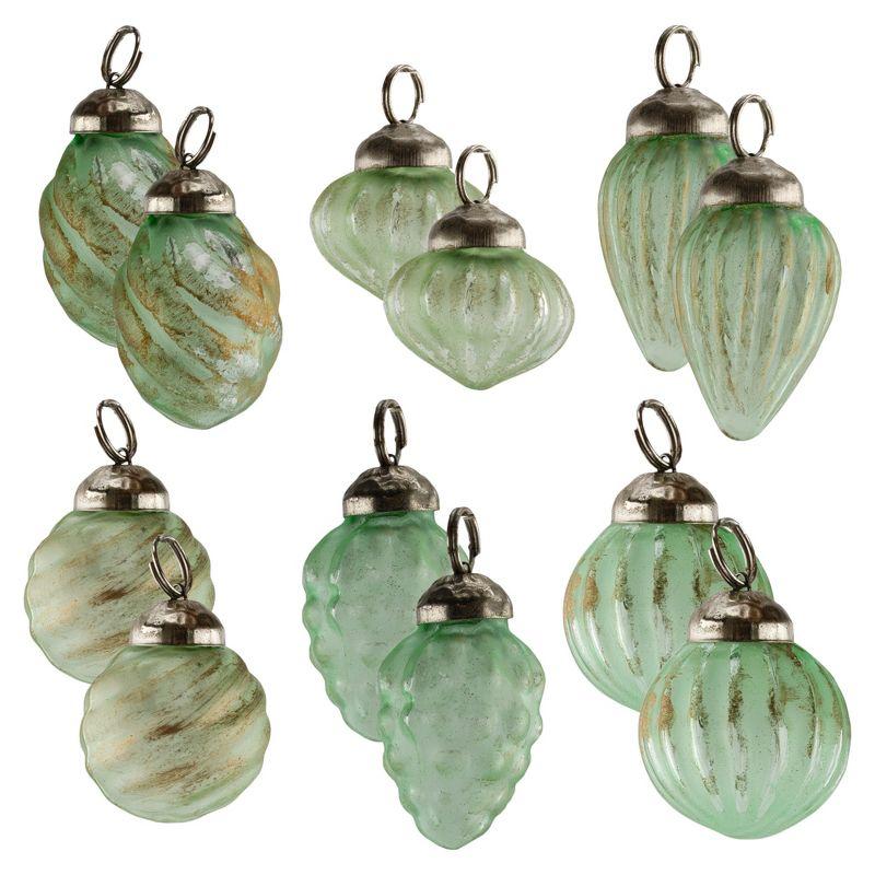 AuldHome Design Small Glass Finial Ornaments, 12pc Set; Antiqued Retro Mercury Style Christmas Tree Decorations w/ Storage Bag