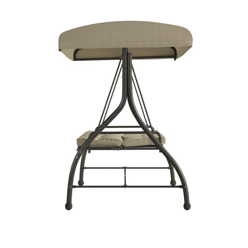 Flash Furniture 3-Seat Outdoor Steel Converting Patio Swing Canopy Hammock with Cushions / Outdoor Swing Bed (Tan)