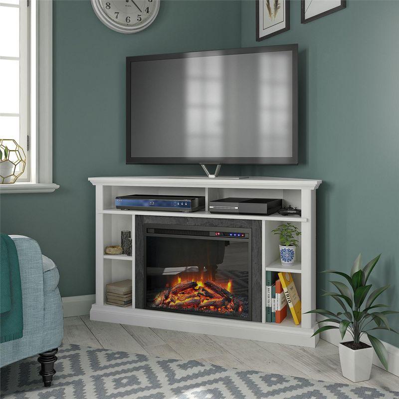 White Corner Electric Fireplace TV Stand with Faux Stone