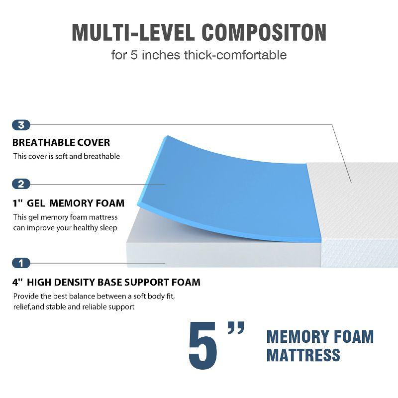 FDW 5 inch Mattress Gel Memory Foam Mattress for Cool Sleep & Pressure Relief/Bed-in-a-Box/Pressure Relieving