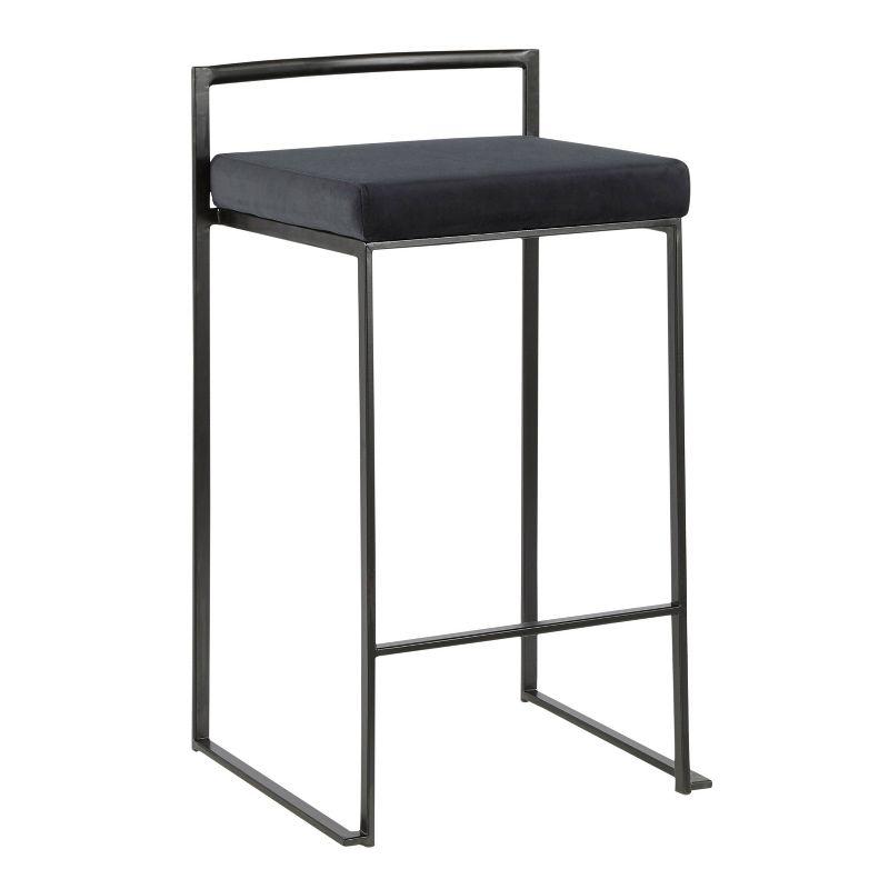 Set of 2 Black Metal and Velvet Contemporary Counter Stools