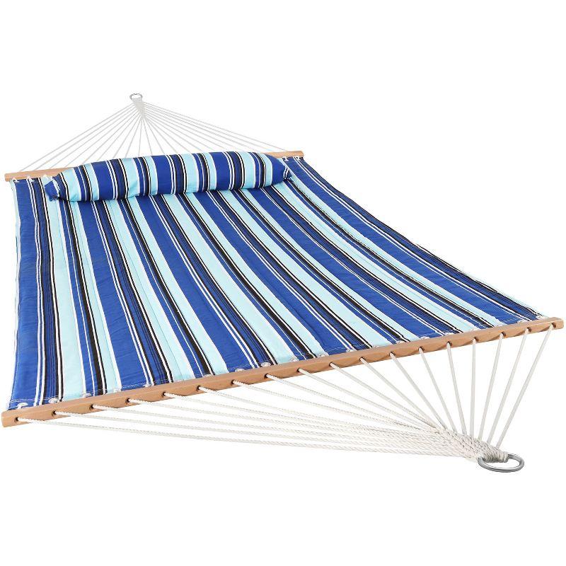 Sunnydaze Outdoor 2-Person Double Polyester Quilted Hammock with Wood Spreader Bar and Matte Blue Steel Multi-Use Stand - Catalina Beach