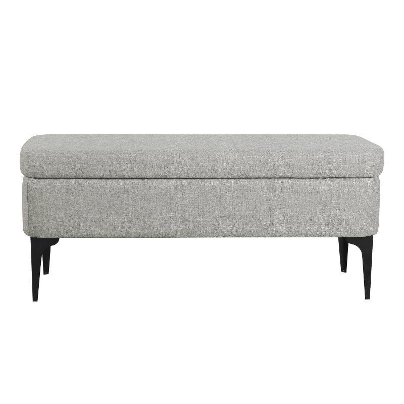 Large Gray Upholstered Storage Bench with Black Metal Legs