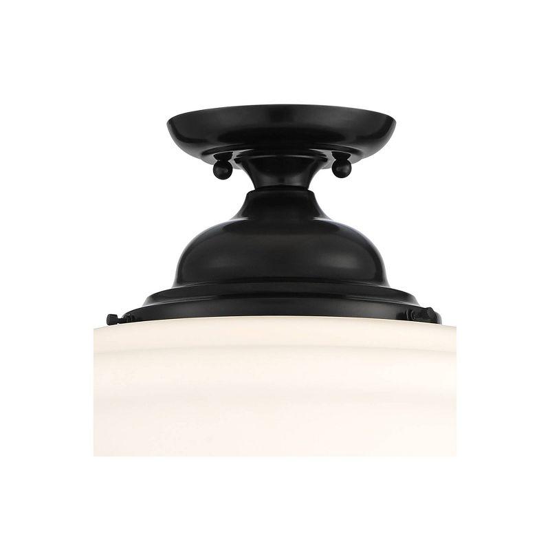 Regency Hill Vintage Rustic Farmhouse Ceiling Light Semi Flush Mount Fixture 13" Wide Gloss Black Flush White Glass Shade for Bedroom Living Room