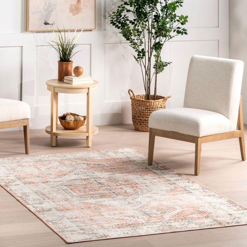 Nuloom Transitional Medallion Medallion 4x6 Machine Washable Indoor Area Rug for Living Room Bedroom Dining Room Kitchen, Ivory/Peach