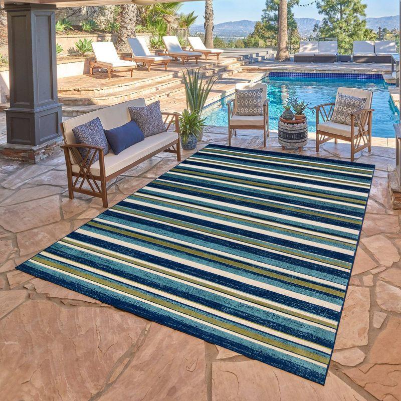 Blue and Green Striped Synthetic 5' x 7' Indoor/Outdoor Rug