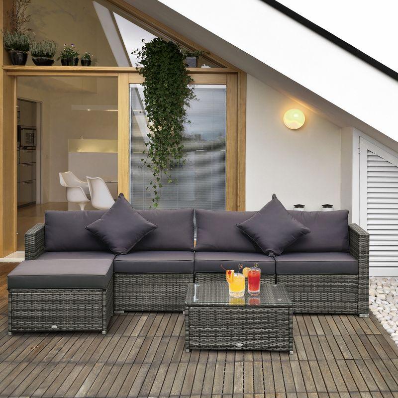 Outsunny 6 Pieces Patio Furniture Sets Outdoor Wicker All Weather PE Rattan Sectional sofa set with Ottoman, Cushions & Tempered Glass Desktop, Gray