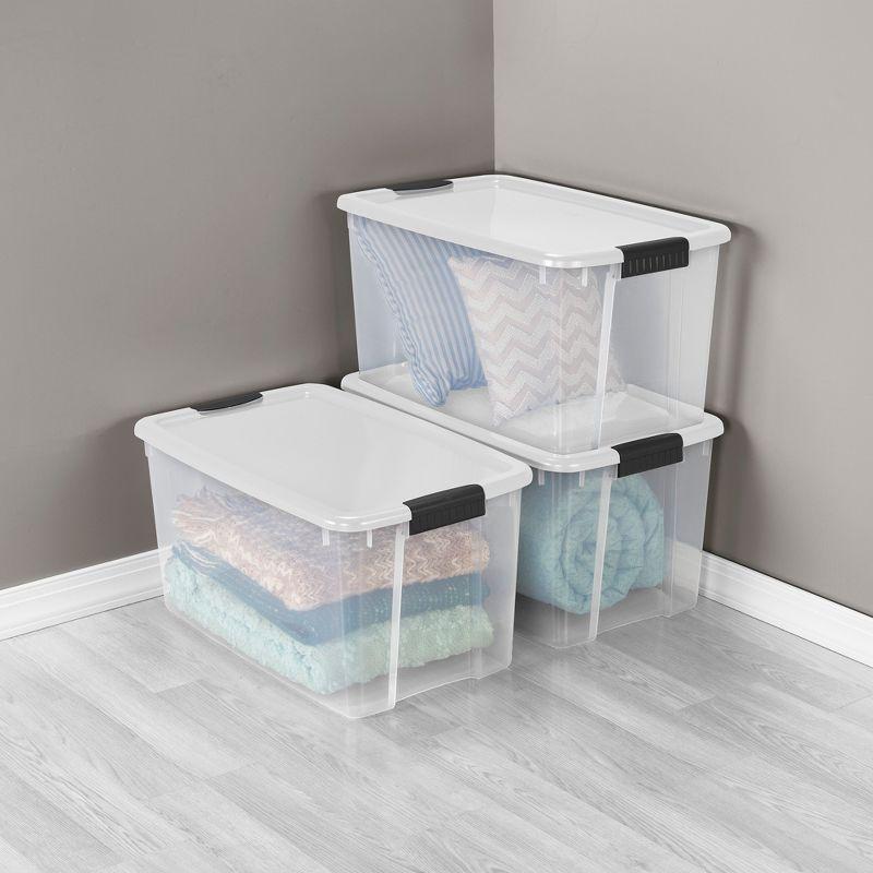 Sterilite Ultra Latch Box, Stackable Storage Bin with Lid, Plastic Container with Heavy Duty Latches to Organize, Clear and White Lid