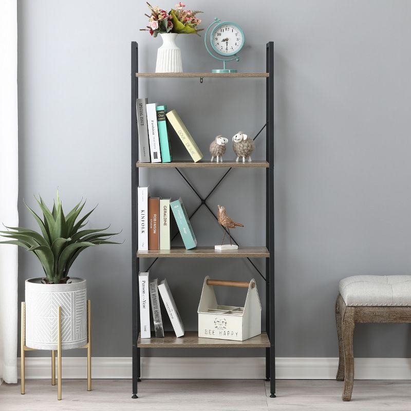 LuxenHome 4-Shelf 58.3" x 23.62" W Wood and Metal Ladder Bookcase. Brown