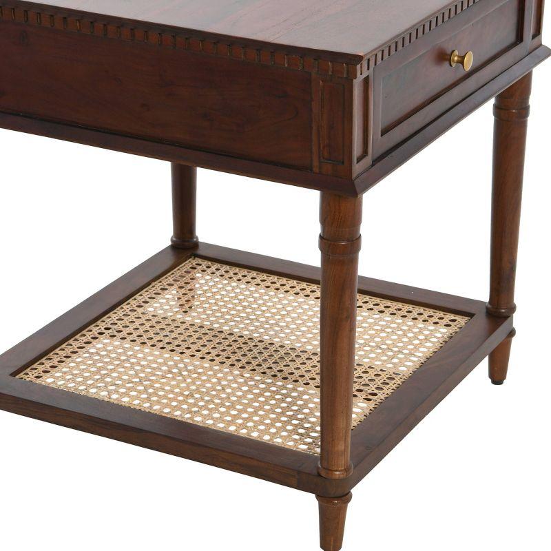 Storied Home Maxwelton Solid Wood End Accent Table Dark Chestnut/Natural: Traditional Style, Cane Shelf, Hidden Compartment