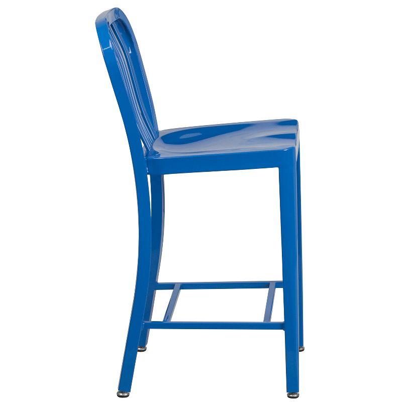 Merrick Lane Santorini 24 Inch Blue Galvanized Steel Indoor/Outdoor Counter Bar Stool With Slatted Back And Powder Coated Finish