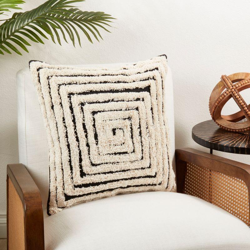 Geometric Harmony Black and Natural Cotton Tufted Throw Pillow