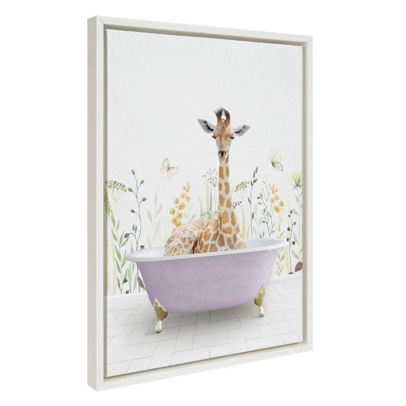 Giraffe in Spring Bath Framed Canvas Wall Art, 18x24, White