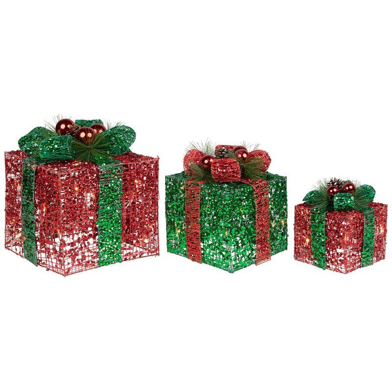 Northlight Seasonal Set of 3 Lighted Red and Green Tinsel Gift Boxes with Bows Christmas Outdoor Decorations 10"
