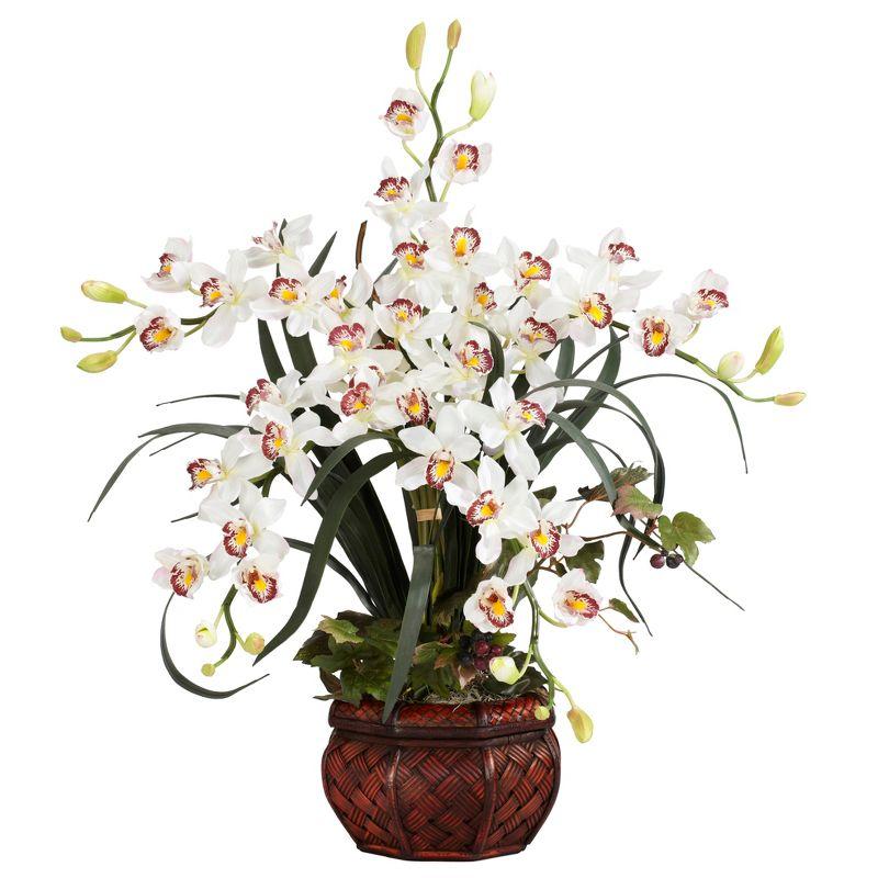 Nearly Natural Cymbidium with Decorative Vase Silk Arrangement, White