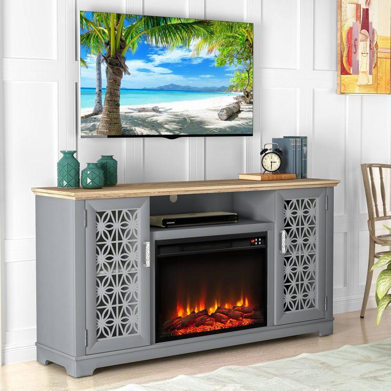 60" Floral Style TV Stand with Electric Fireplace for 65" TVs, Media Storage - Festivo