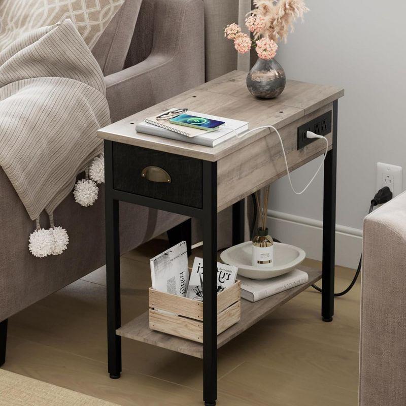 Gray End Table with Charging Station- Flip Top Narrow Side Tables With Storage Drawers for Living Room Bedroom Office Small Spaces-2PC