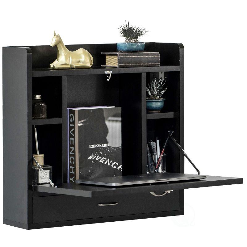 Basicwise Wall Mount Folding Laptop Writing Computer or Makeup Desk with Storage Shelves and Drawer, Black
