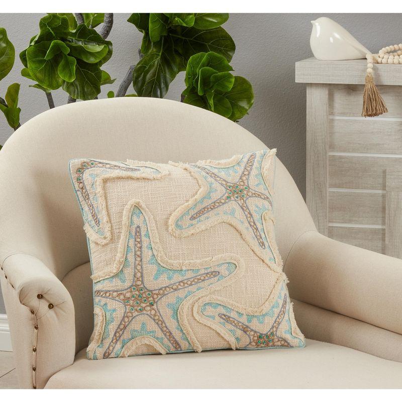 Aqua Embroidered Starfish Cotton Square Pillow