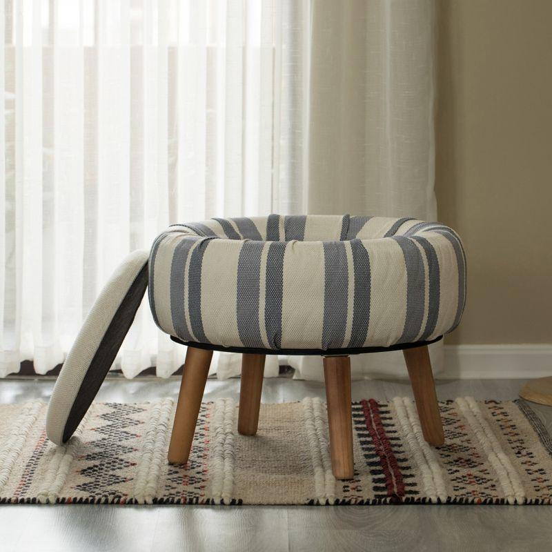 Chic Striped White and Blue Round Fabric Storage Ottoman