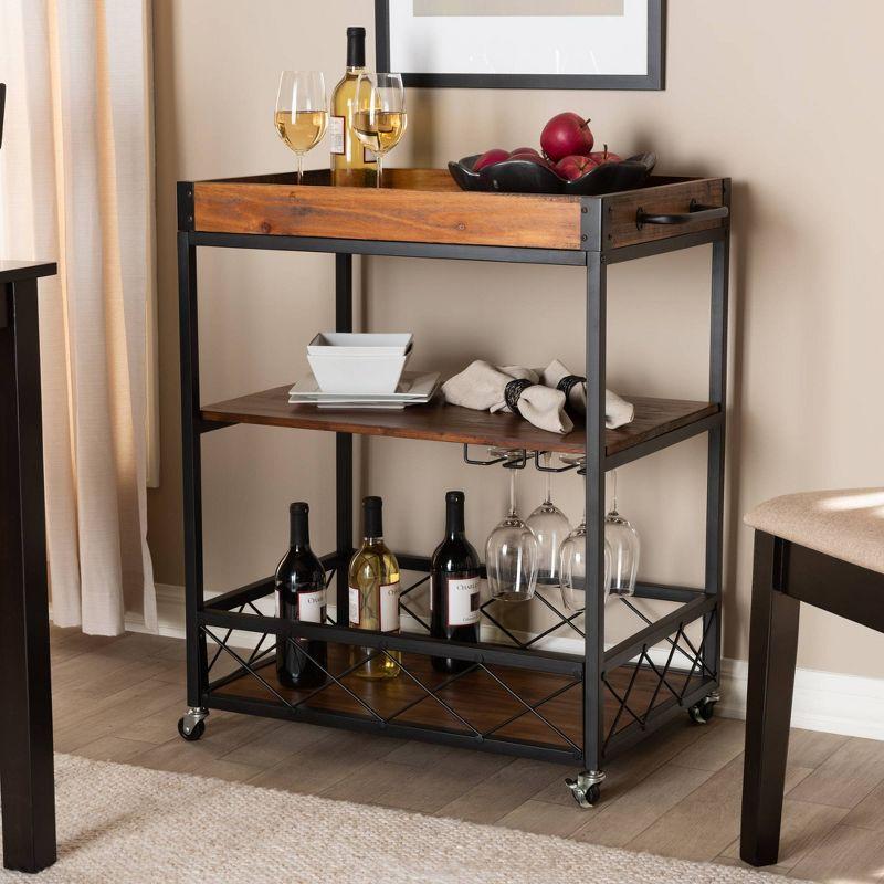 Livi Homes Paloma Mobile Metal Bar Cart with Stemware Rack in Vintage Rustic Industrial Oak Brown and Black