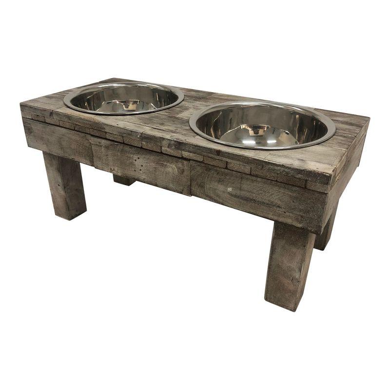 Huntley Pet Berjen Table Elevated Double Bowl Pet Feeder, Brown Wash (Large)