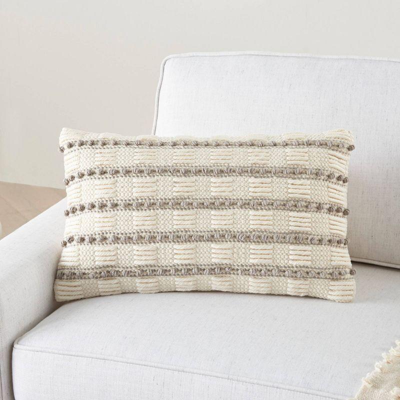 Light Gray and Ivory Woven Rectangular Throw Pillow